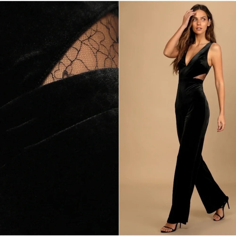 LULU's Sexy Chic Elegant Prom Holidays Wedding Velvet Lace Sophisitcated Jumpsui